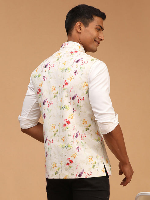 Men's Cream Base Multi Printed Cotton Blend Nehru Jacket